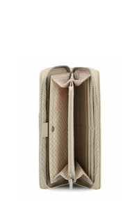 Beige leren portemonnee met een ritssluiting rondom, voorzien van meerdere kaartsleeves en een patroonvoering met een centraal ritsvak.