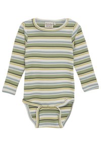 Gestreepte longsleeve bodysuit in groene, witte en blauwe tinten, met ribbeltextuur en drukknoopsluiting onderaan. Gemaakt van biologisch katoen.