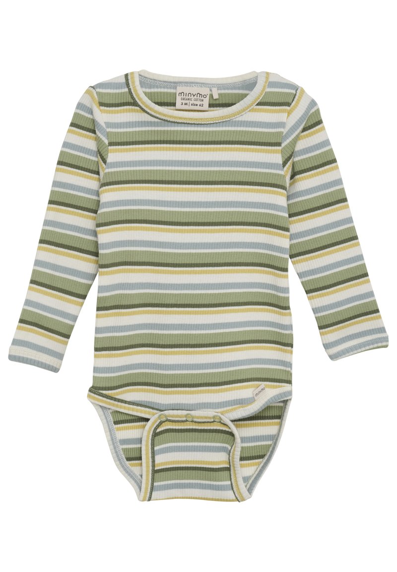 Gestreepte longsleeve bodysuit in groene, witte en blauwe tinten, met ribbeltextuur en drukknoopsluiting onderaan. Gemaakt van biologisch katoen.