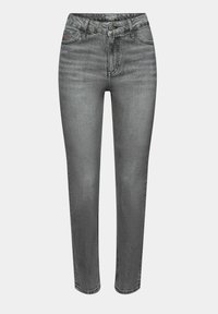 Jean slim gris avec fermeture avant par bouton et zip, design cinq poches et détails subtils d'usure sur les cuisses.