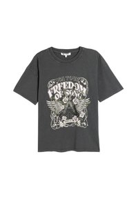 Grå bomulds t-shirt med grafisk tryk af en guitar med vinger og roser, tekst "USA Tour" og "Freedom of Song" i kontrastfarver.