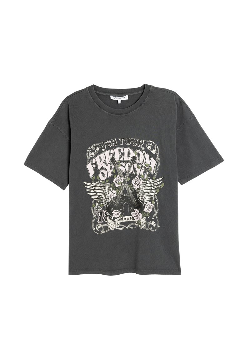 Grå bomulds t-shirt med grafisk tryk af en guitar med vinger og roser, tekst "USA Tour" og "Freedom of Song" i kontrastfarver.