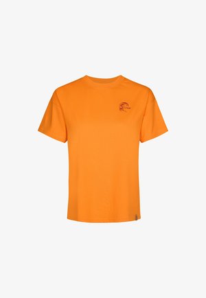Orange cotton t-shirt with short sleeves, crew neckline, and a small purple logo on the left chest. Smooth texture, casual fit.