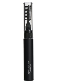Black cylindrical case with clear lid, containing a comb and applicator. The handle has textured grip and printed brand name in white.