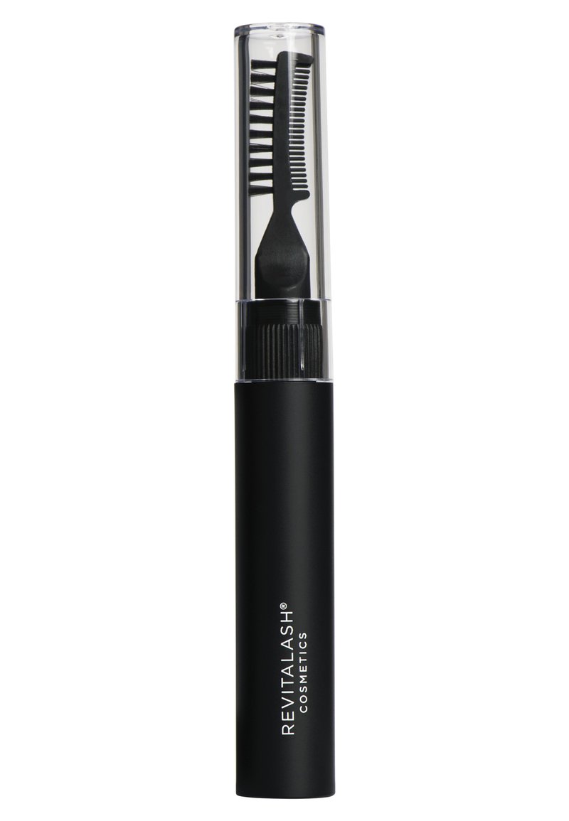 Black cylindrical case with clear lid, containing a comb and applicator. The handle has textured grip and printed brand name in white.