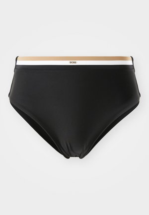 Svart bikinitruse med høy midje. Har et elastisk belte med gull- og hvit merkevare og en glatt, elastisk tekstur.