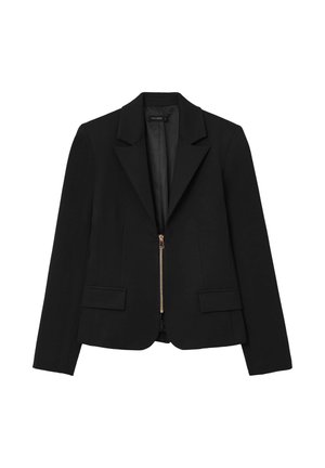 Schwarzer Blazer mit strukturiertem Design, ausgestattet mit Reverkragen, Frontreißverschluss, zwei Vordertaschen und glatter Stofftextur.