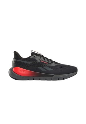 Chaussure de course Reebok noire et grise avec une semelle intermédiaire à dégradé rouge, une tige en mesh et des lacets noirs, vue de profil sur fond blanc.