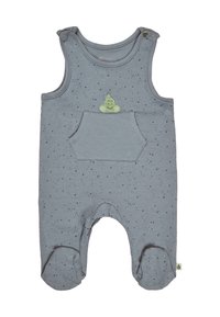 Grau gestreifter Baumwollstrampler für Babys mit gepunktetem Muster, Taschen und Druckknopfverschlüssen an den Schultern. Verfügt über ein weiches Design mit Fußteilen für mehr Komfort.