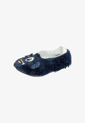 Marineblaue Plüschhausschuhe mit einer fuzzy Textur, die ein Cartoon-Monstergesicht, große Augen, orangefarbene Akzente und ein weiches weißes Futter zeigen.