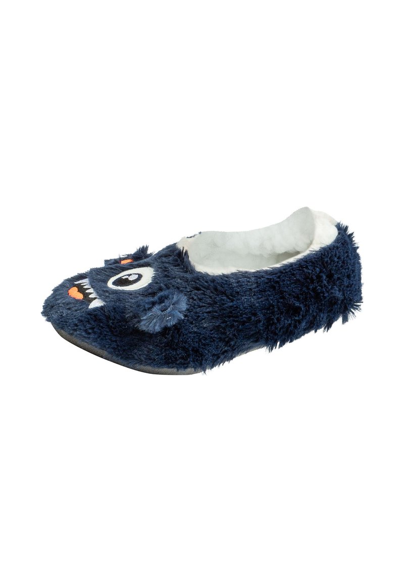 Pantofole di peluche blu navy con una consistenza pelosa, caratterizzate da un viso di mostro cartone, occhi grandi, accenti arancioni e una soffice fodera bianca.