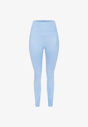 Leggings azzurri chiari realizzati in tessuto elasticizzato, con un alto punto vita e dettagli a coste sui lati per un tocco di texture in più.