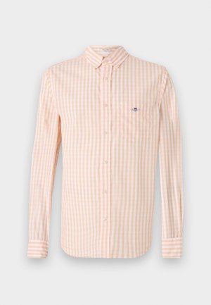 Lichtoranje en witte geruite stoffen shirt met lange mouwen, button-down kraag en borstzak. Bevat een subtiele logo op de zak.