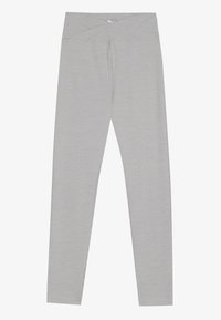 Light gray leggings with a tapered fit, made from soft, stretchy fabric. Features a crossed waistband design and flat seams for comfort.