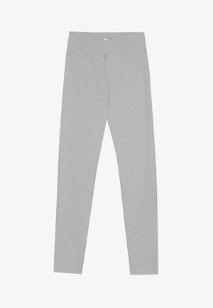 Leggings cinzentos claros com um corte ajustado, feitos de um tecido macio e elástico. Apresentam um design de faixa cruzada na cintura e costuras planas para maior conforto.