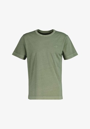 Olivgrön bomullströja med korta ärmar, rund halsringning och kontrasterande texturerad kant vid halsringning och ärmslut. Subtil logotypdetalj.