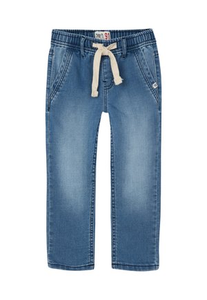 Blauwe denim joggerpants met een elastische tailleband en trekkoord, voorzien van twee zijzakken en een gladde, licht vervaagde textuur.