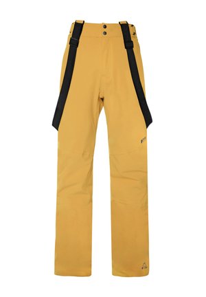 Geel waterdichte sneeuwbroek met verstelbare zwarte banden, twee knopen bij de taille en een logo nabij de zoom. Glad, gestructureerd materiaal.