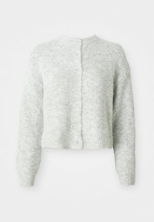 Grå cropped cardigan med en myk, lodden tekstur. Har rund halslinning, hellange ermer og frontknaplukking.
