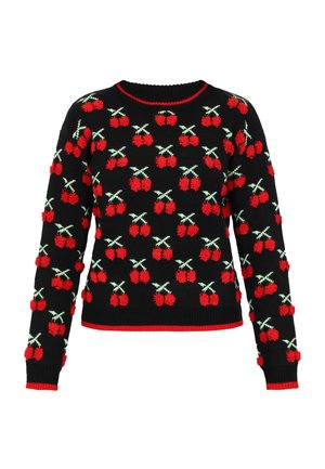 Pulover negru cu decolteu rotund, având un motif de cireșe în roșu și verde, cu un model texturat și un tiv și manșete ribbed roșii contrastante.