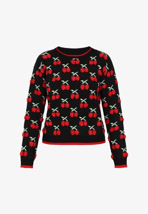 Juodas megztinis su apvaliu iškirpimu, turintis raudonų ir žalių vyšnių motyvą, tekstūrinį raštą ir kontrastingus raudonus apykaklės bei rankovių kraštus.