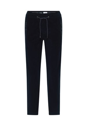Pantalons jogger bleu marine en tissu doux, dotés d'une taille élastique avec cordon de serrage et de deux poches zippées sur les côtés pour un rangement sécurisé.