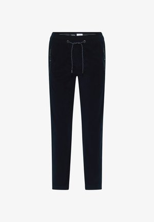 Mørkeblå joggingbukser lavet af blødt stof, med elastisk talje og snøring, samt to side-lynlåslommer til sikker opbevaring.