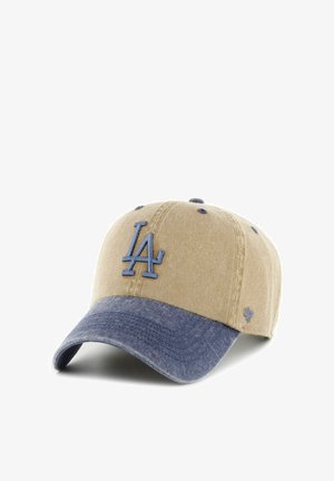 Beige und blaue Baseballkappe mit blauem "LA"-Logo vorne und "47" seitlich gestickt.