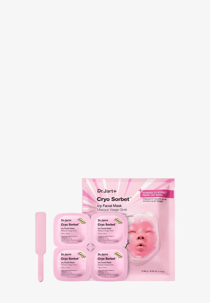 Kit de masque facial glacé Dr.Jart+ Cryo Sorbet avec quatre sachets de masque poudre rose à sorbet et une spatule rose sur fond d'emballage.