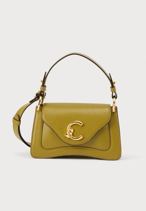 Olive green leather handbag with top handle, adjustable shoulder strap, curved flap, and gold-tone interlocking "C" logo clasp.