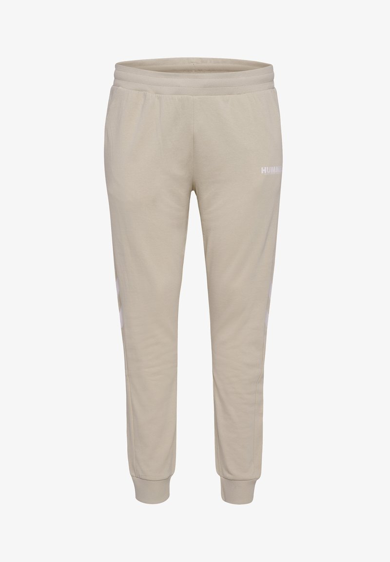 Beige joggers van zachte stof, met een ribbelband in de taille, taps toelopend ontwerp en witte logodetail op de voorkant.