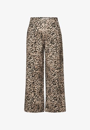 Pantaloni a gamba larga realizzati in tessuto morbido, con una base beige e un motivo a stampa leopardata nera. Vita elastica e superficie liscia.