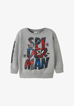 Sweat-shirt gris pour enfants avec texte coloré Spider-Man et graphiques de toiles d'araignée sur le devant, ainsi qu'une icône d'araignée sur la manche.