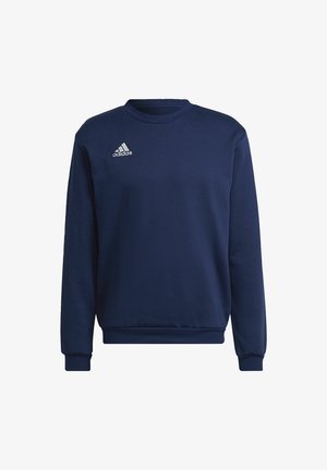 Navy blue sweatshirt made of soft fabric, featuring a round neckline and long sleeves. Includes a white Adidas logo on the left chest.