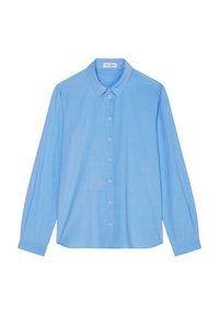 Camicia azzurro chiaro a maniche lunghe con bottoni, realizzata in tessuto liscio, con colletto classico e chiusura frontale a bottoni.