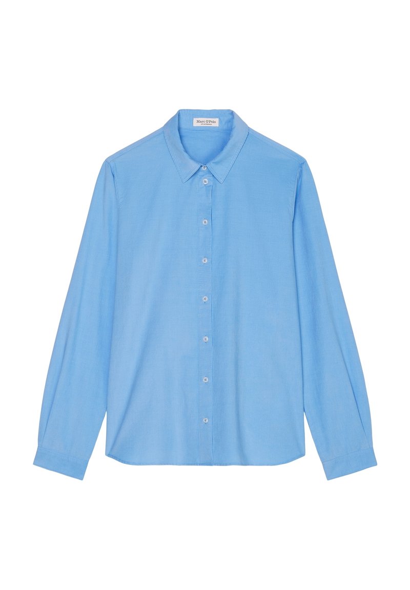 Camicia azzurro chiaro a maniche lunghe con bottoni, realizzata in tessuto liscio, con colletto classico e chiusura frontale a bottoni.