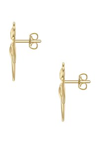 Ohrstecker in Goldoptik, gestaltet in einer schlanken, abstrakten Form, die einer Figur ähnelt, mit glatter, polierter Oberfläche und doppeltem Steckverschluss.