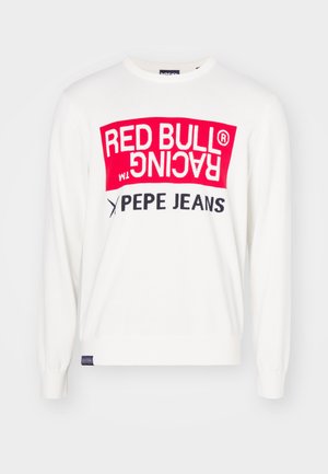 Fehér pulóver merész piros és fekete grafikai mintával, „RED BULL RACING” és „PEPE JEANS” felirattal. Bordás mandzsetta és alj.