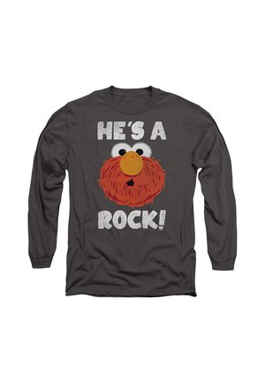 Dark gray long-sleeve shirt with a large cartoon face with orange nose and red hair and text above and below saying "He's a rock!"