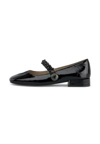 Chaussure Mary Jane en cuir verni noir avec un bout arrondi, un petit talon block et une sangle décorative comportant des détails texturés noirs et des accents.