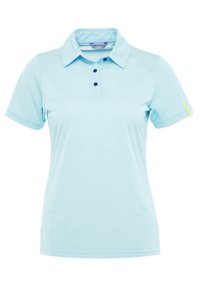 Svetle modré polo tričko s krátkým rukávem vyrobené z jemné látky, s tříknoflíkovou légou a malým žlutým akcentem na rukávu.