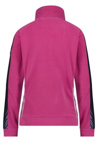 Kurtka polarowa w jaskrawym różowym kolorze, z wysokim kołnierzem, czarnymi bocznymi panelami i ściągaczami na mankietach. Gładka faktura bez widocznych wzorów ani detali metalowych.