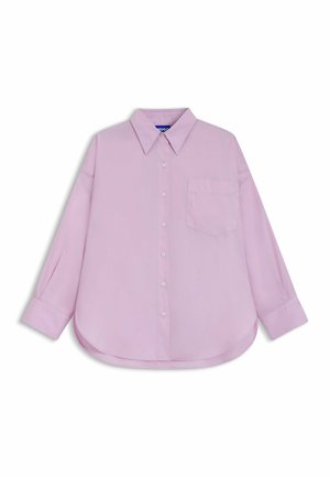 Camicia button-up rosa chiaro con colletto, maniche lunghe, taschino sul petto e orlo arrotondato. Realizzata in un tessuto liscio.