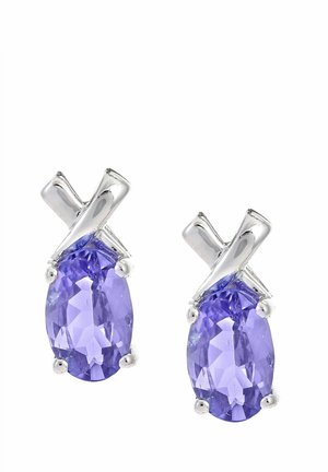 Purple oval earrings featuring faceted stones set in a sleek, polished silver X-shaped design with round accents.