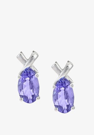 Lilla ovaalsed kõrvarõngad, millel on tahutud kivid ja mis on seatud stiilsesse, poleeritud hõbedasest X-kujulisse disaini koos ümmarguste detailidega.