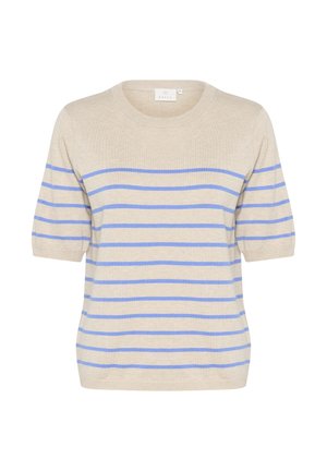 Beež lühikeste varrukatega sviiter siniste horisontaalsete triipudega, ümar kaelus ja pehme tekstuur. Seljal on silt.