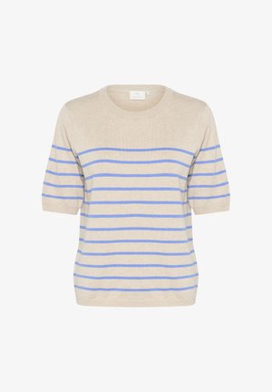 Pulover bej cu mâneci scurte, cu dungi orizontale albastre, guler rotund și o textură moale. Are o etichetă pe spate.