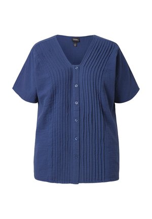 Blusa blu navy a maniche corte con scollatura a V, caratterizzata da pieghe verticali e sei bottoni, realizzata in tessuto testurizzato.
