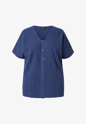 Blusa blu navy a maniche corte con scollatura a V, caratterizzata da pieghe verticali e sei bottoni, realizzata in tessuto testurizzato.