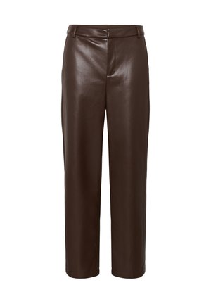 Dunkelbraune hochtaillierte gerade Fauxleder-Hosen mit Gürtelschlaufen und verdecktem Frontverschluss.
